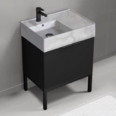 Modern Small Black Bathroom Vanity, 24 inch, Marble Style Sink, Free Standing